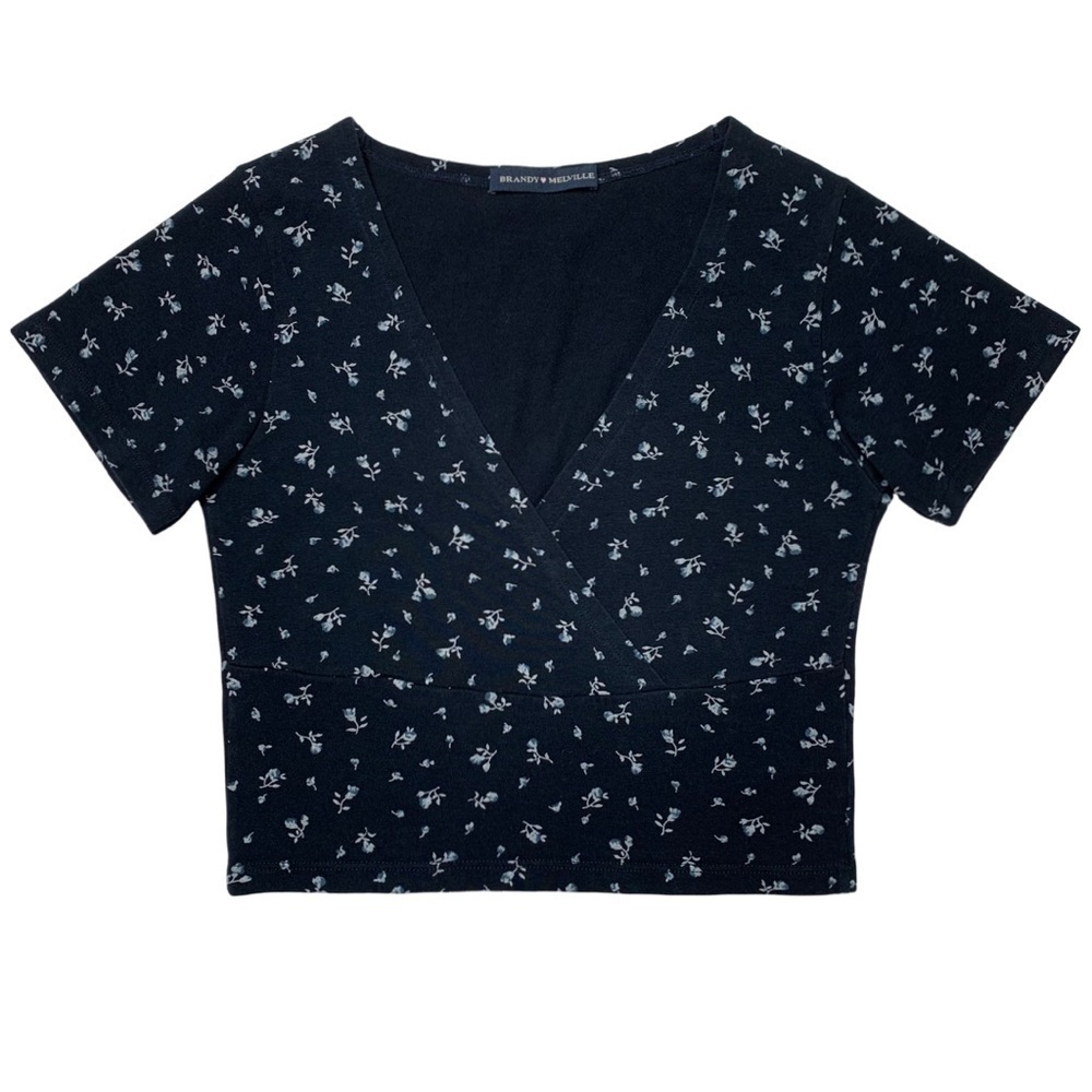 Brandy Melville Amara Crop Top Floral Crossover V-Neck Short Sleeve Navy